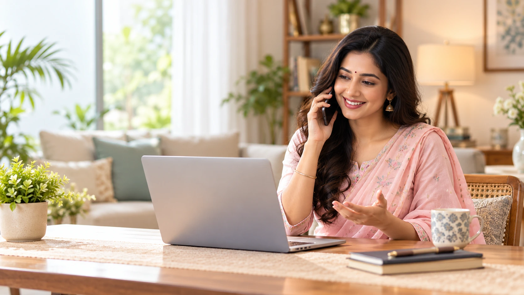 Indian business owner talking on the phone while checking her laptop