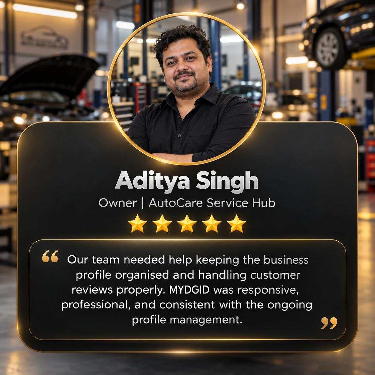 Client review card from Aditya Singh