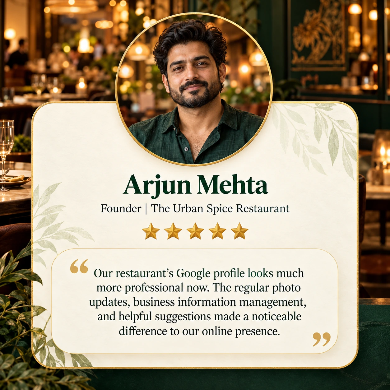 Client review card from Arjun Mehta