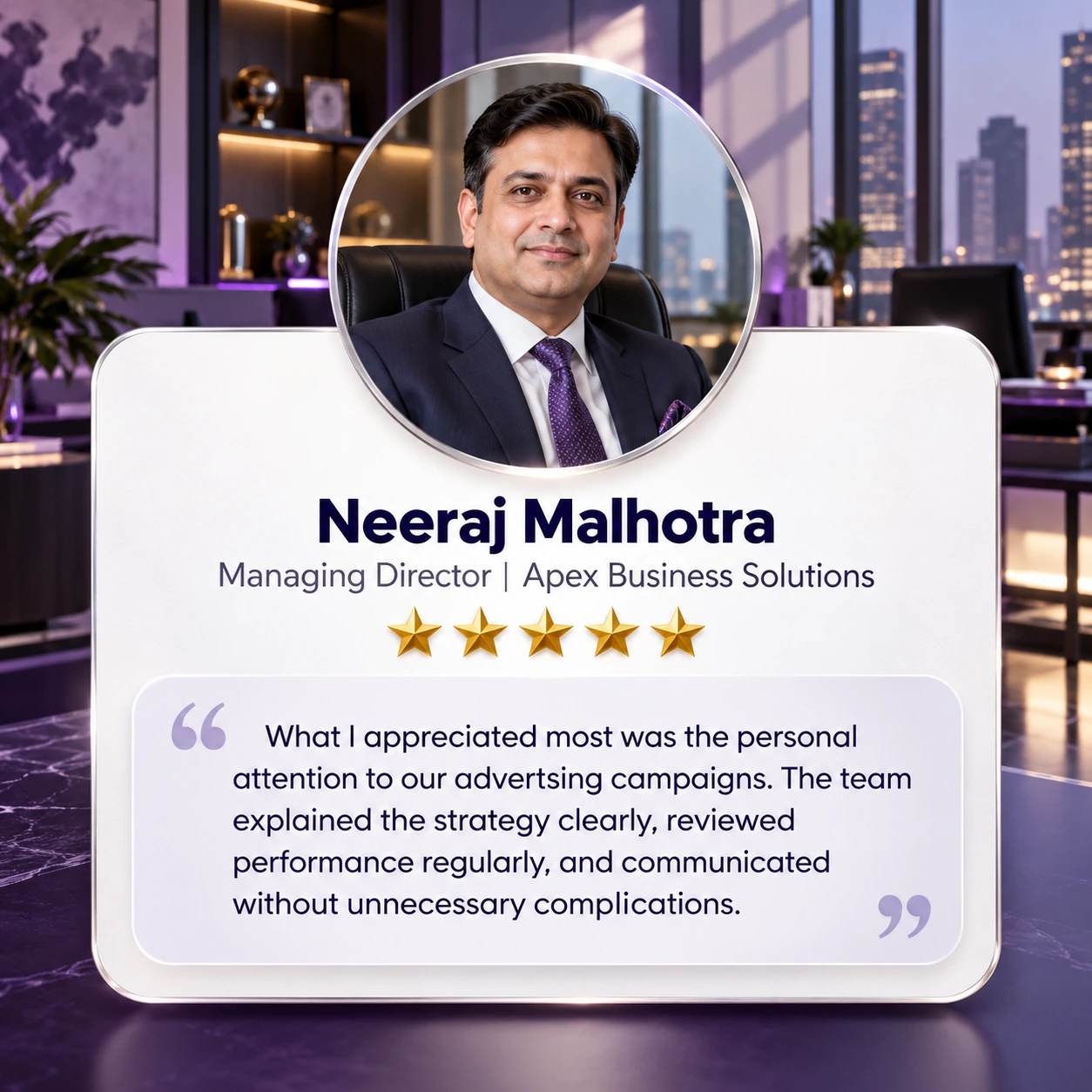 Client review card from Neeraj Malhotra