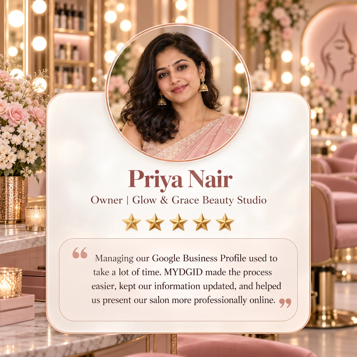 Client review card from Priya Nair