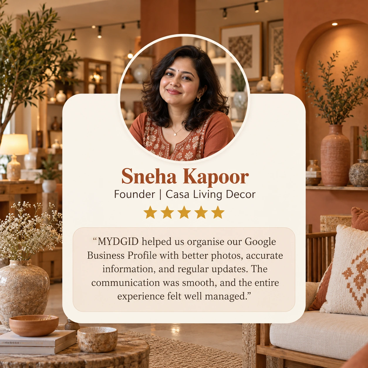 Client review card from Sneha Kapoor
