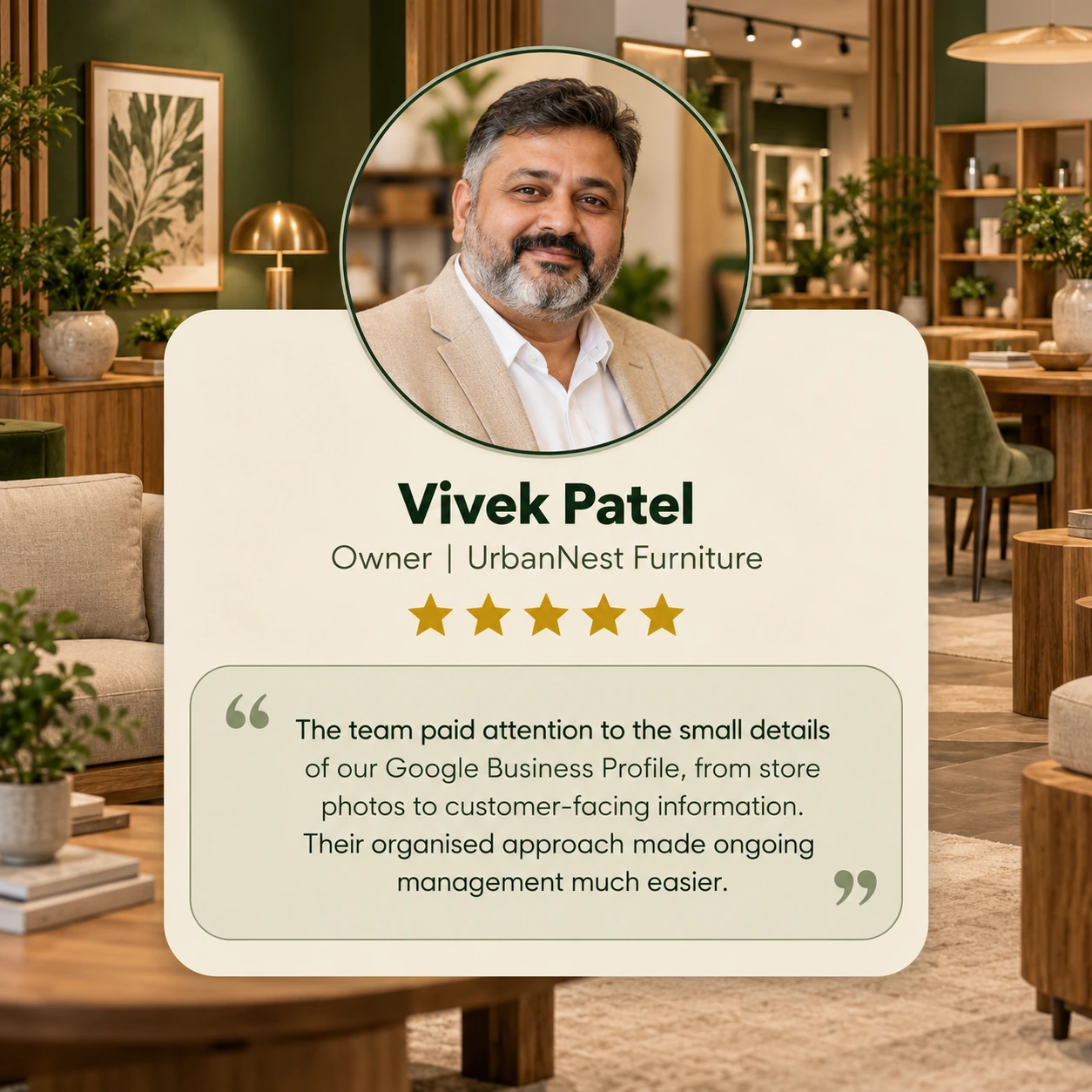 Client review card from Vivek Patel