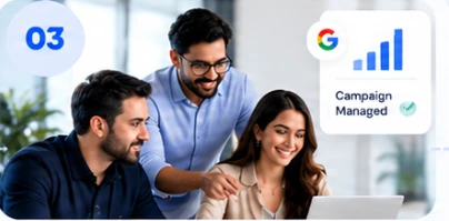 A small team reviewing Google visibility and campaign management